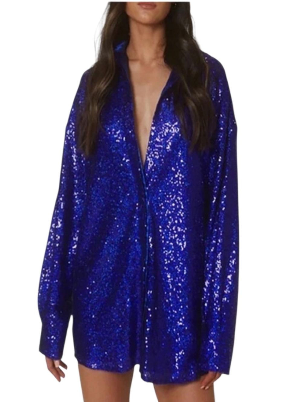 Nwot SLA Cobalt Blue Sequined Longsleeve Satin Lined Collared Mini Dress / Tunic